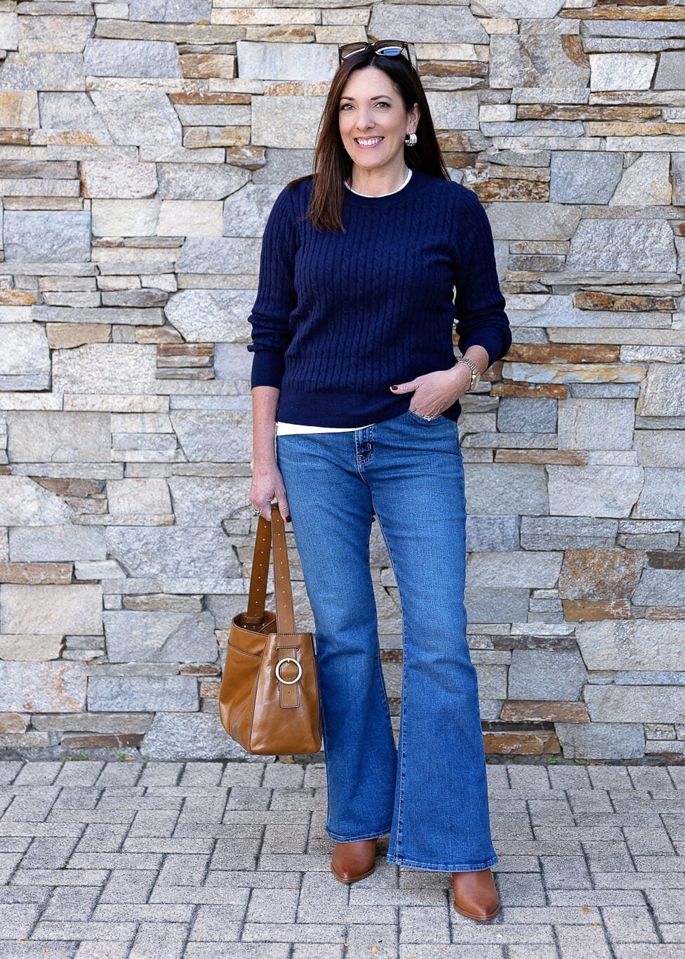 Navy Cable Knit Sweater with Flare Jeans Navy Cable Knit Sweater with Flare Jeans — Crewneck Outfits