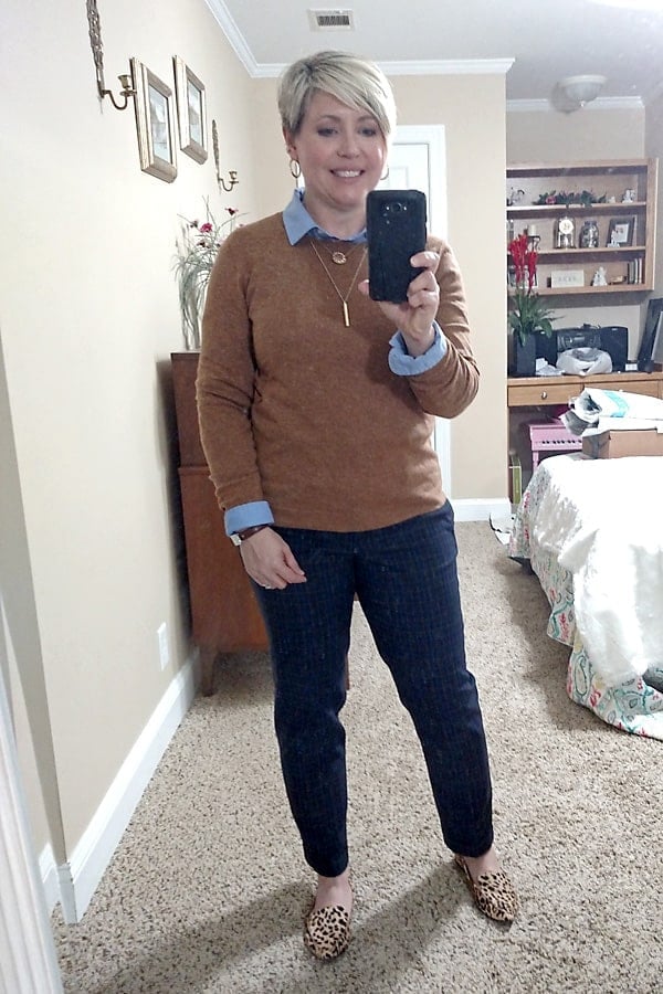Brown Crewneck Over Collared Shirt with Trousers Brown Crewneck Over Collared Shirt with Trousers — Crewneck Outfits