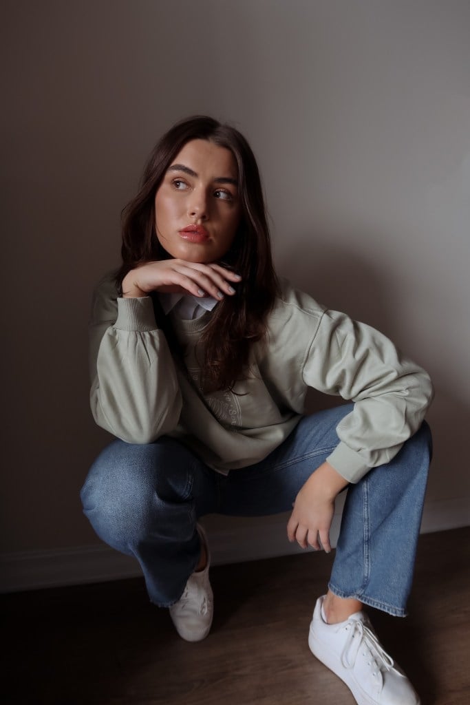 Sage Green Sweatshirt Over Collared Shirt Sage Green Sweatshirt Over Collared Shirt — Crewneck Outfits