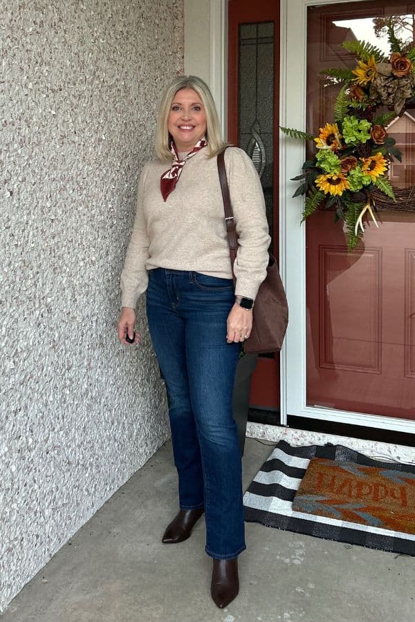 Beige Sweater with Straight Leg Jeans and Silk Scarf Beige Sweater with Straight Leg Jeans and Silk Scarf — Crewneck Outfits