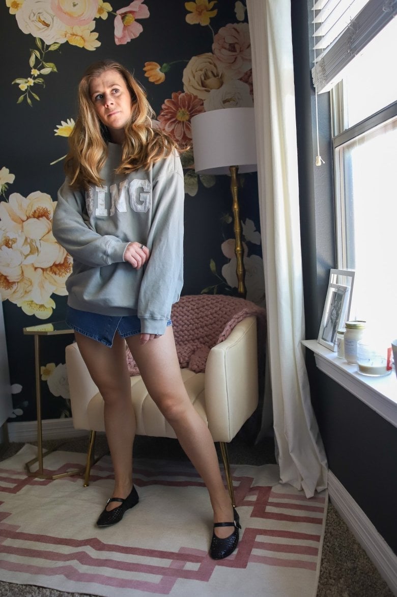 Light Gray Sweatshirt with Denim Mini Skirt Light Gray Sweatshirt with Denim Mini Skirt — Crewneck Outfits
