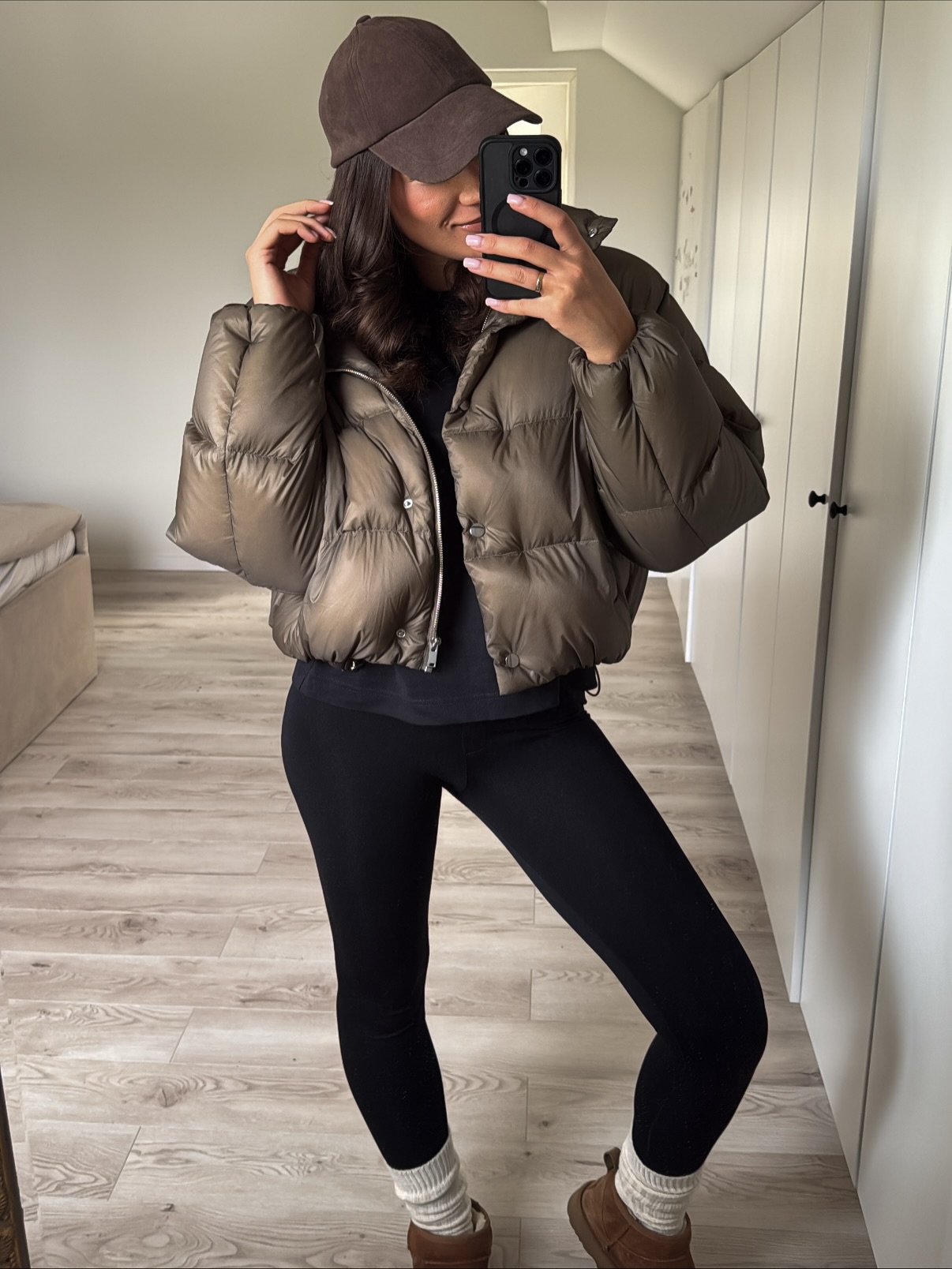 Cropped Puffer Jacket And Black Leggings Athleisure Look