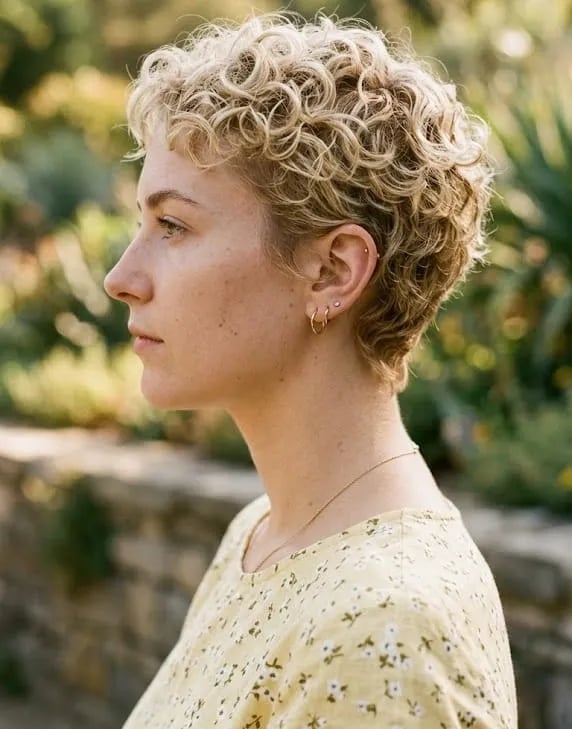 Blonde Curly Pixie Cut With Short Bangs Blonde Curly Pixie Cut With Short Bangs — Curly Hair
