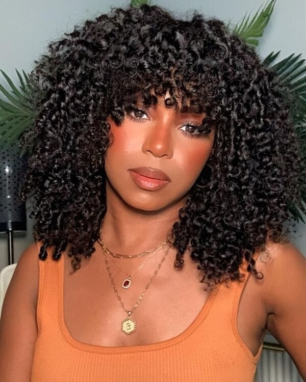 Collarbone Blowout With Curtain Bangs, Dark Brown Collarbone Blowout With Curtain Bangs, Dark Brown — Curly Hair