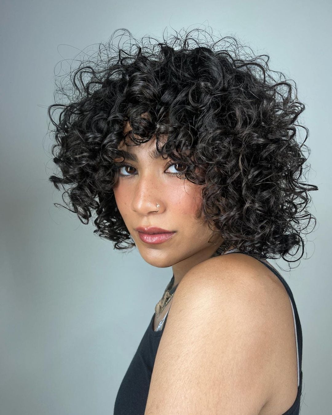 Chin Length Bob With Short Curly Bangs Chin Length Bob With Short Curly Bangs — Curly Hair Cutting