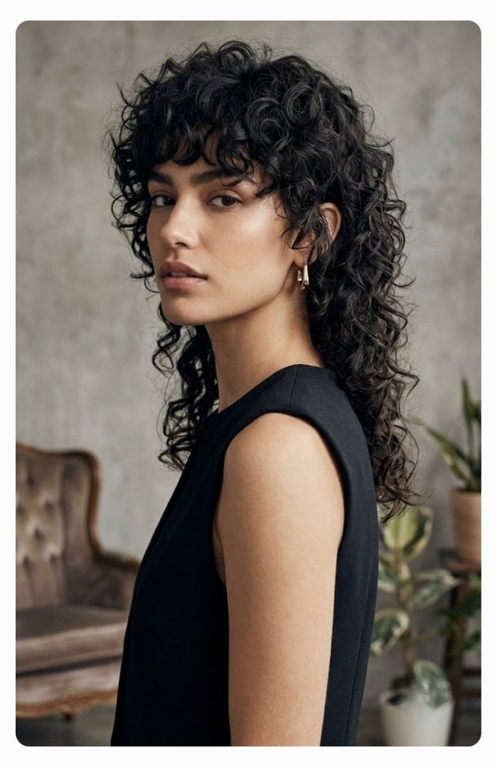 Mid Back Shag With Curly Bangs Mid Back Shag With Curly Bangs — Curly Hair Cutting