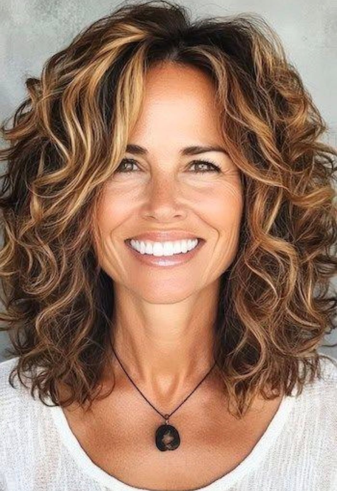 Collarbone Layers With Brown Blonde Highlights, Face-Framing Bangs Collarbone Layers With Brown Blonde Highlights, Face-Framing Bangs — Curly Hair Hairstyles