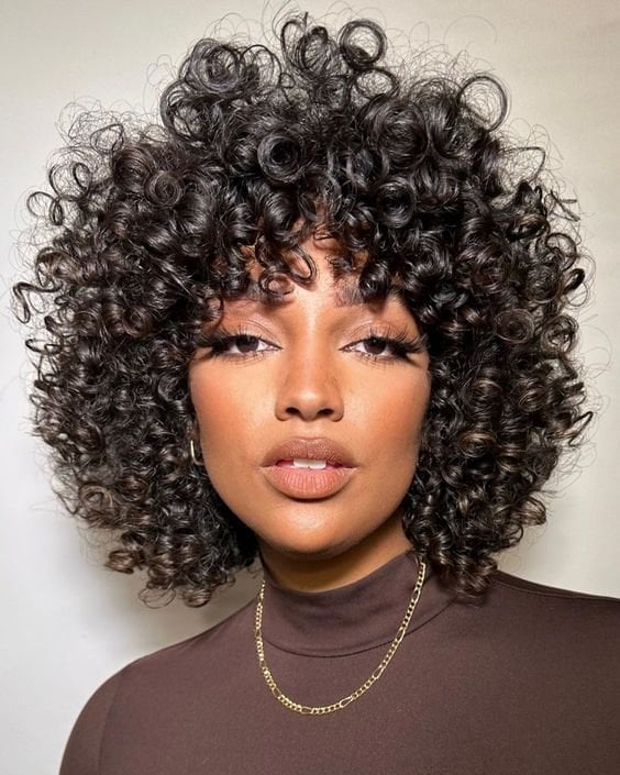 Chin Length Bob With Full Curly Bangs Chin Length Bob With Full Curly Bangs — Curly Hair Hairstyles