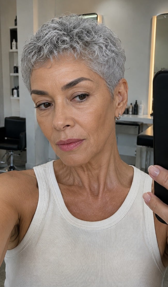 Fine Silver Pixie With Natural Curls Fine Silver Pixie With Natural Curls — Curly Hair Natural