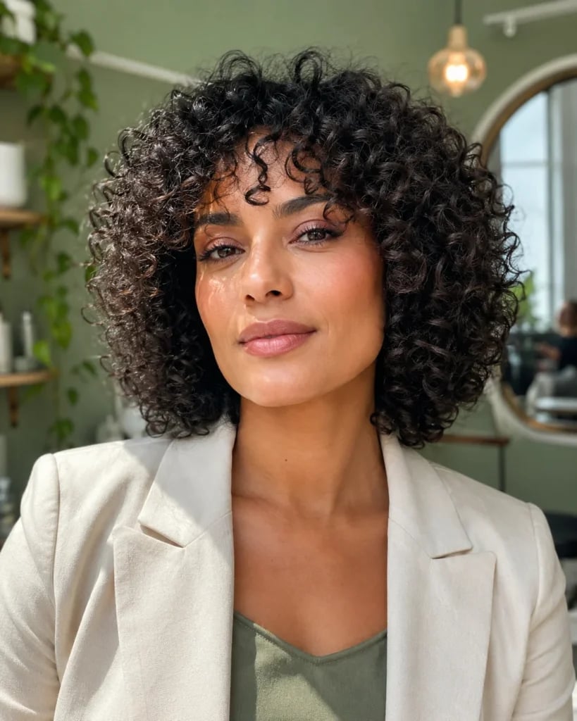 Mid-Back Curly Hair With Dark Blonde Highlights and Full Curtain Bangs Mid-Back Curly Hair With Dark Blonde Highlights and Full Curtain Bangs — Curly Hair with Bangs