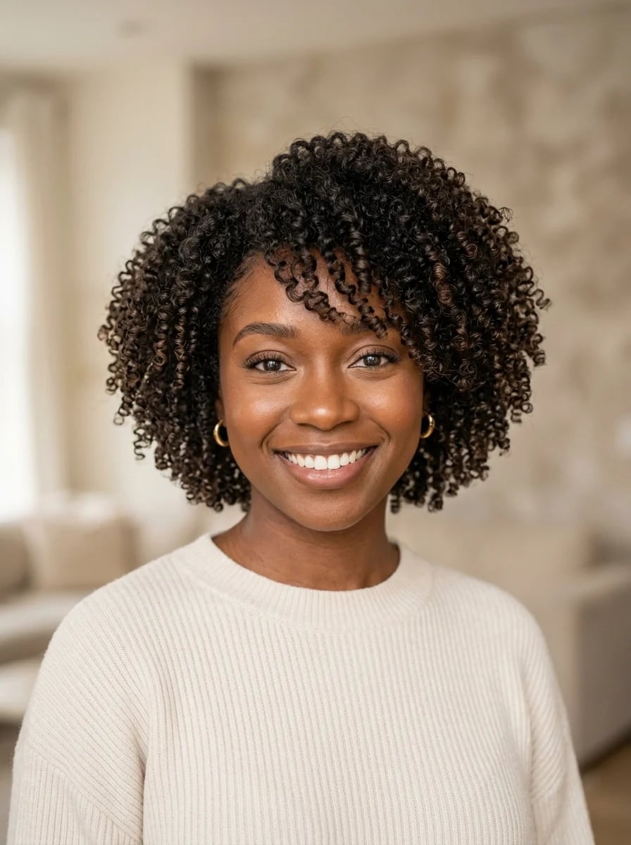 Collarbone Curly Cut With Subtle Highlights and Smooth Blowout Collarbone Curly Cut With Subtle Highlights and Smooth Blowout — Curly Hair with Bangs