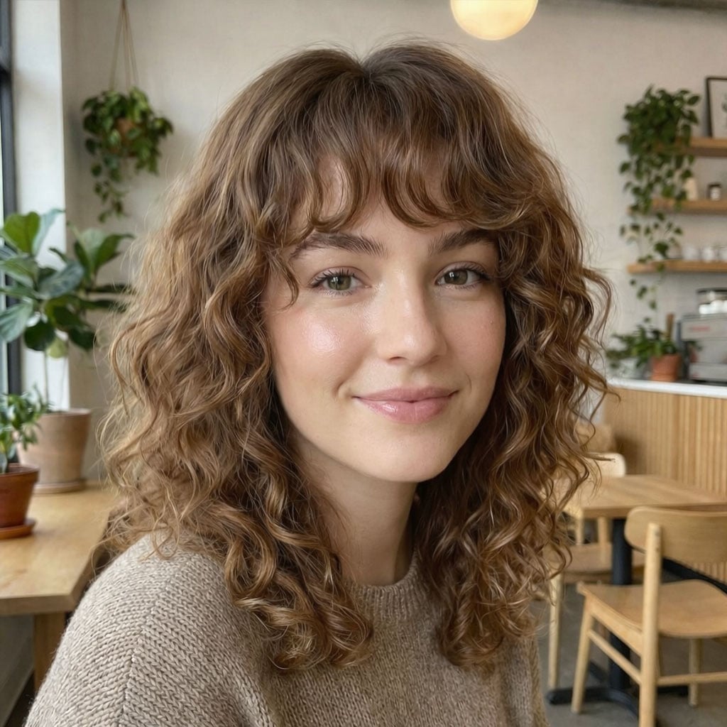 Collarbone Layers With Light Brown Highlights and Curtain Bangs Collarbone Layers With Light Brown Highlights and Curtain Bangs — Curly Hair with Bangs
