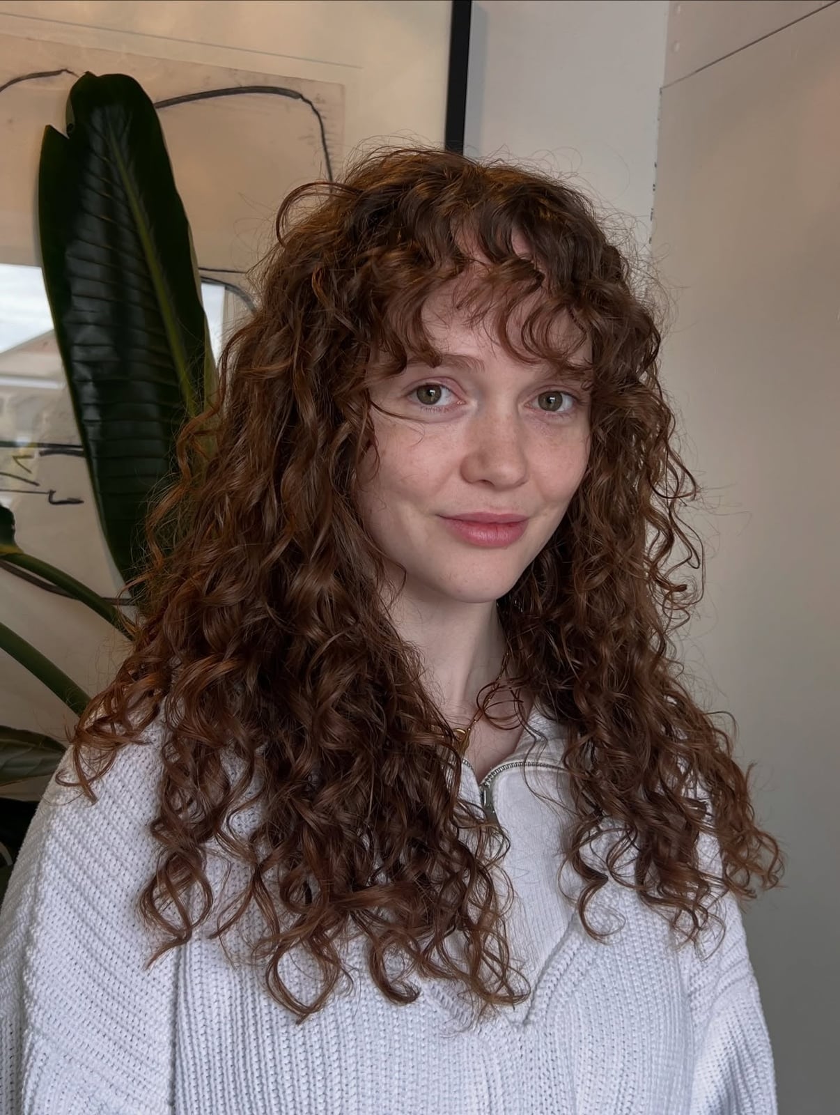 Mid-Back Curly Hair With Auburn Undertones and Wispy Bangs Mid-Back Curly Hair With Auburn Undertones and Wispy Bangs — Curly Hair with Bangs