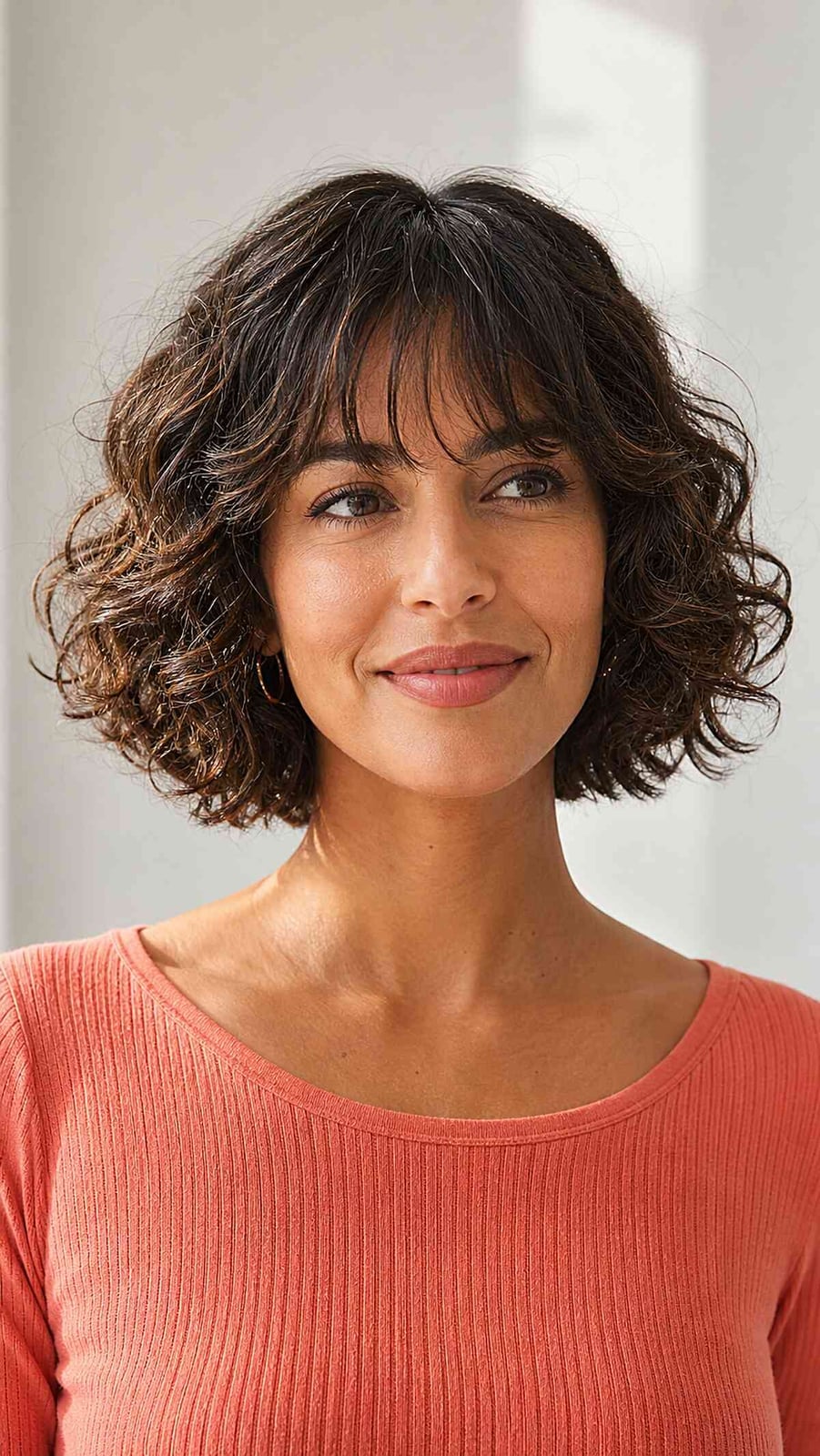 Chin-Length Dark Brown Curly Bob With Full Curly Bangs, Close-Up Take Chin-Length Dark Brown Curly Bob With Full Curly Bangs, Close-Up Take — Curly Hair with Bangs