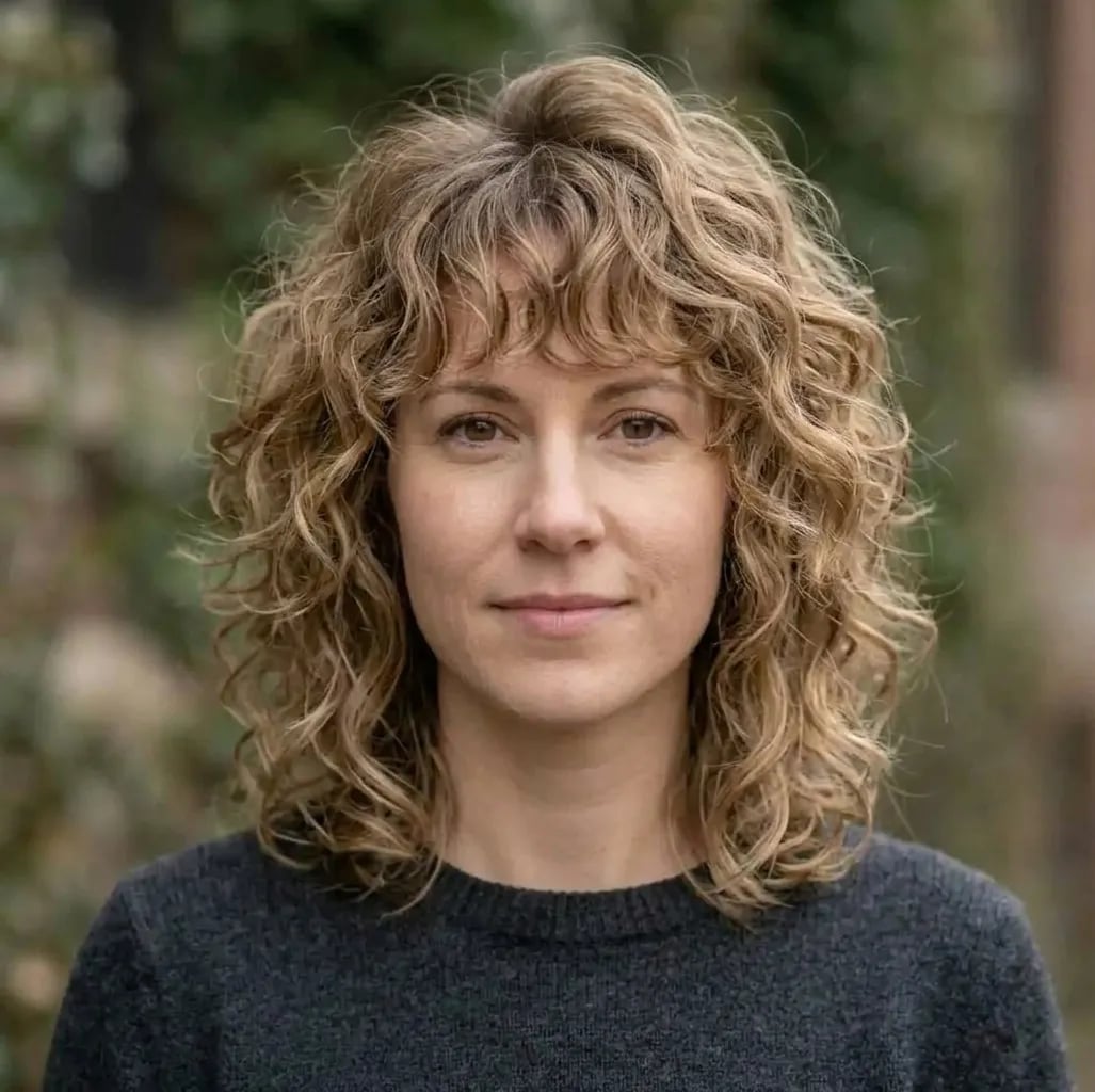 Collarbone Honey Blonde Long Bob With Wispy Curly Bangs Collarbone Honey Blonde Long Bob With Wispy Curly Bangs — Curly Hair with Bangs