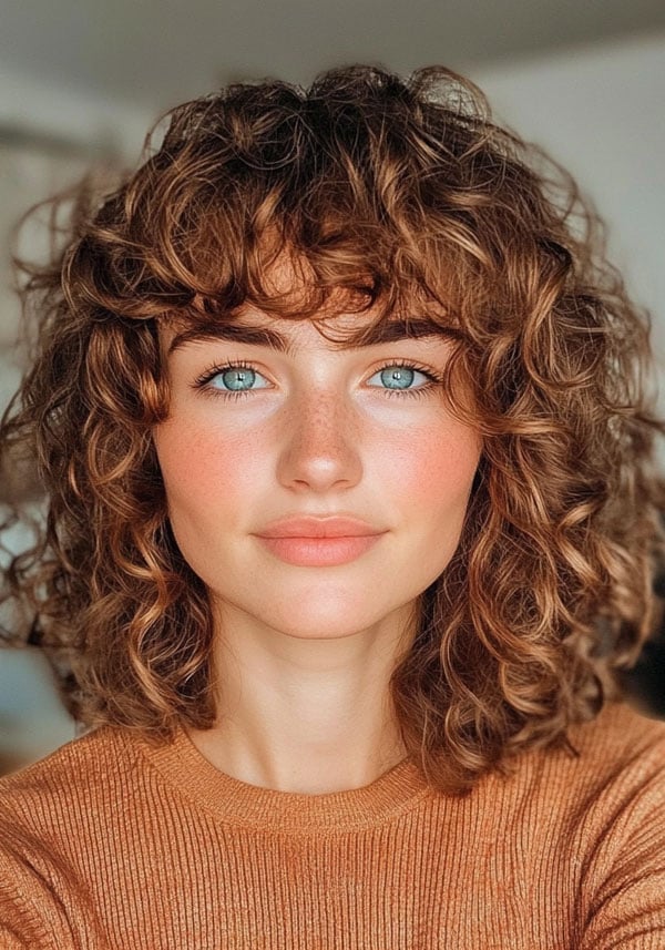 Collarbone Honey Blonde Shag With Caramel Highlights and Wispy Bangs Collarbone Honey Blonde Shag With Caramel Highlights and Wispy Bangs — Curly Hair with Bangs