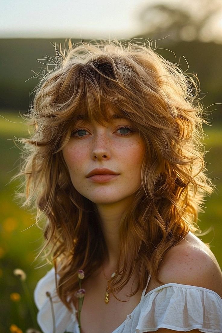 Collarbone Shag With Honey Blonde Balayage and Curtain Bangs Collarbone Shag With Honey Blonde Balayage and Curtain Bangs — Curly Hair with Bangs