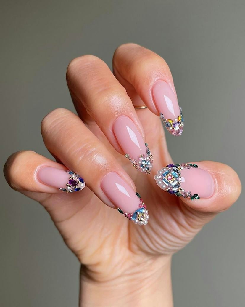 Long Almond French Nails With Gem Embellishments Long Almond French Nails With Gem Embellishments — Cute Almond Nails