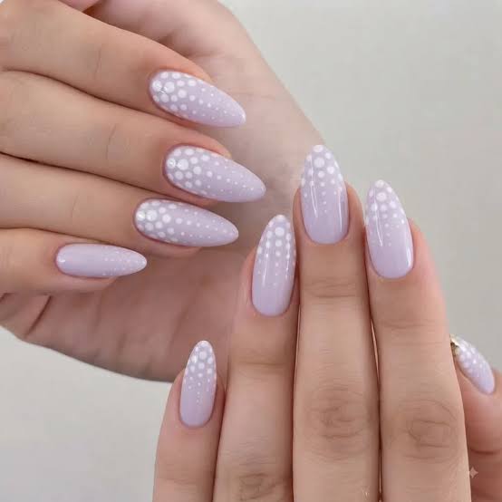 Medium Almond Lavender With White Dots Medium Almond Lavender With White Dots — Cute Almond Nails