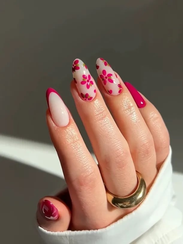Medium Almond Pink Floral French Tips Medium Almond Pink Floral French Tips — Cute Almond Nails