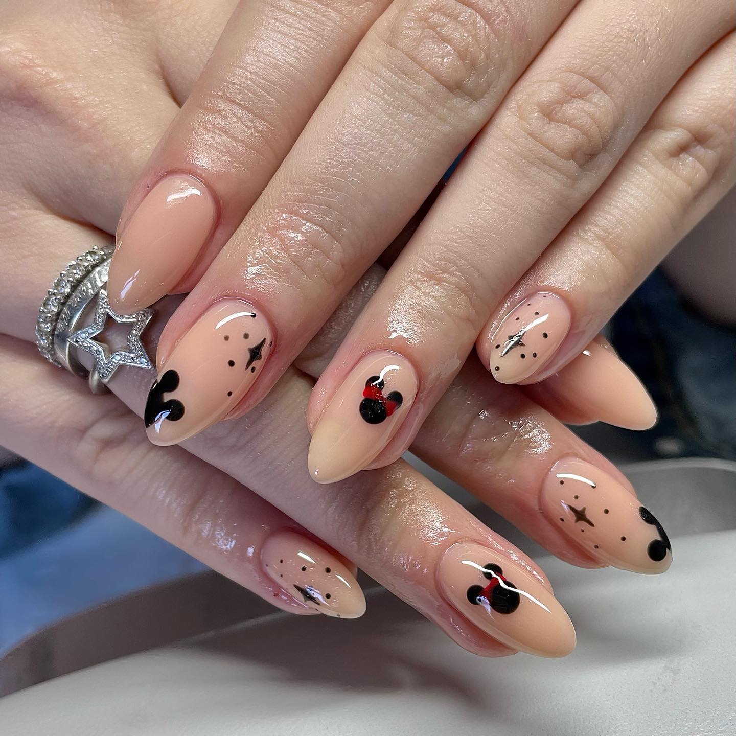 Long Almond Nude With Black Mickey Mouse Long Almond Nude With Black Mickey Mouse — Cute Almond Nails