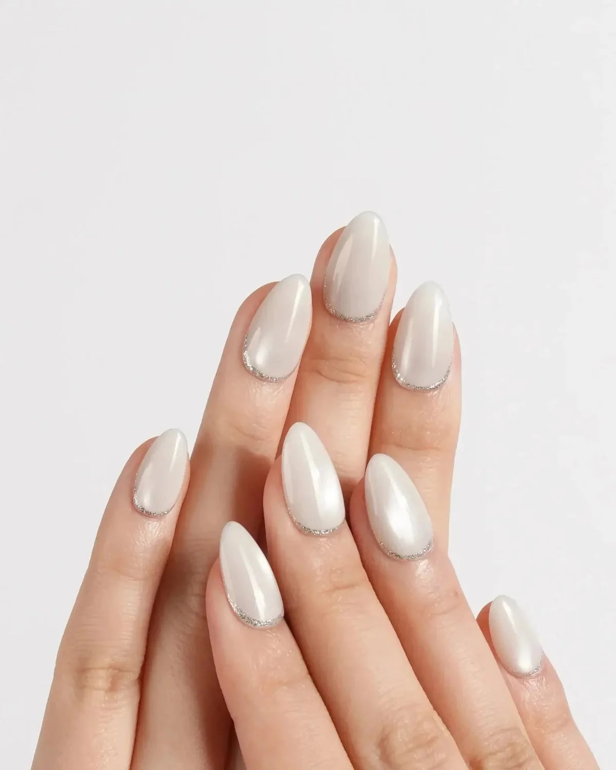 Short Almond Milky White Glitter Cuticle Line Short Almond Milky White Glitter Cuticle Line — Cute Almond Nails