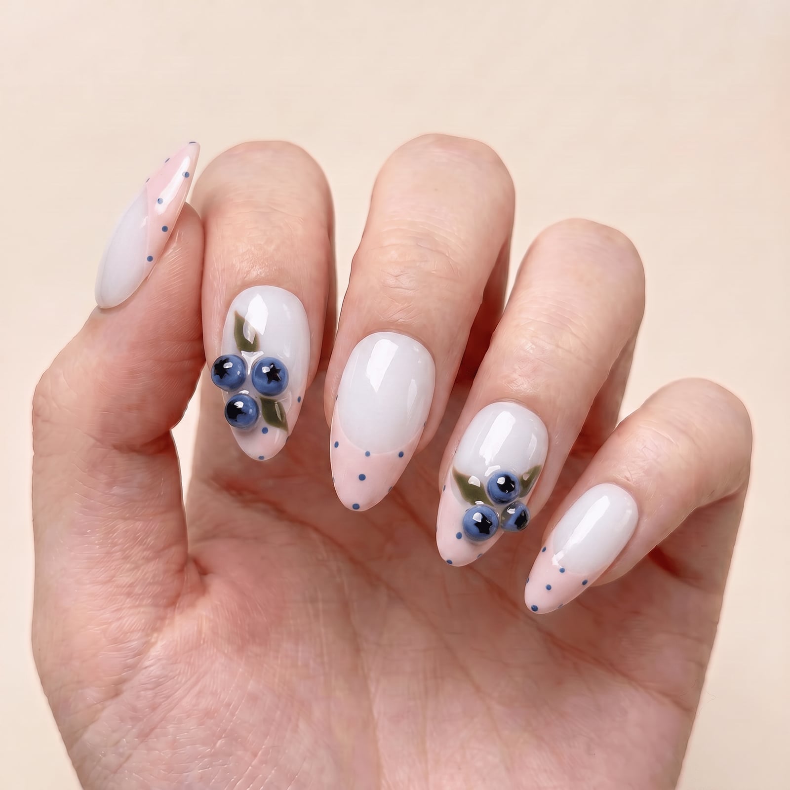 Long Almond Blue Polka Dots And Berries Long Almond Blue Polka Dots And Berries — Cute Almond Nails