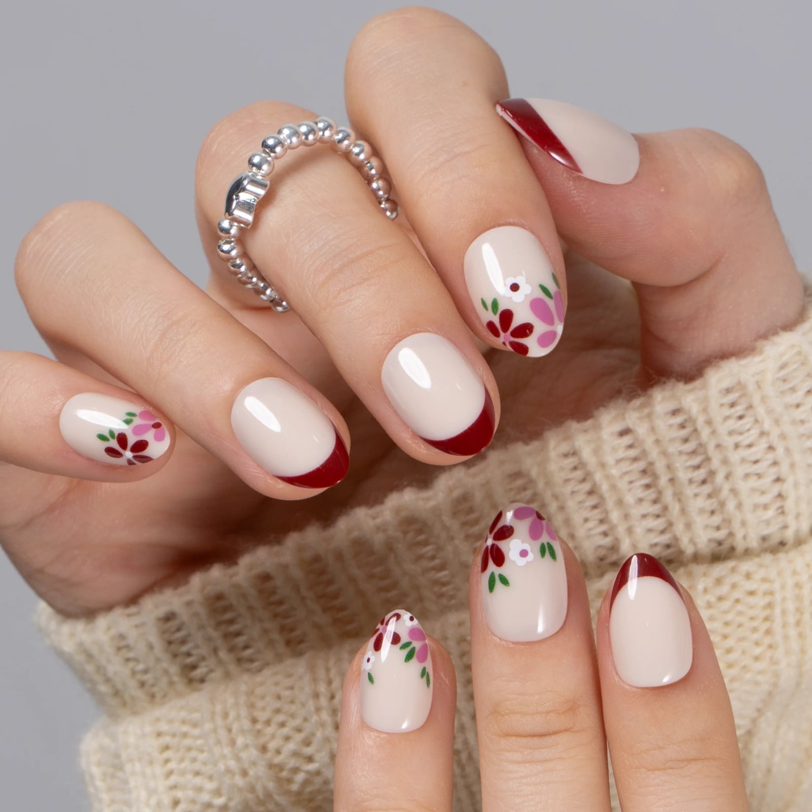 Short Almond Dark Red French With Florals Short Almond Dark Red French With Florals — Cute Almond Nails