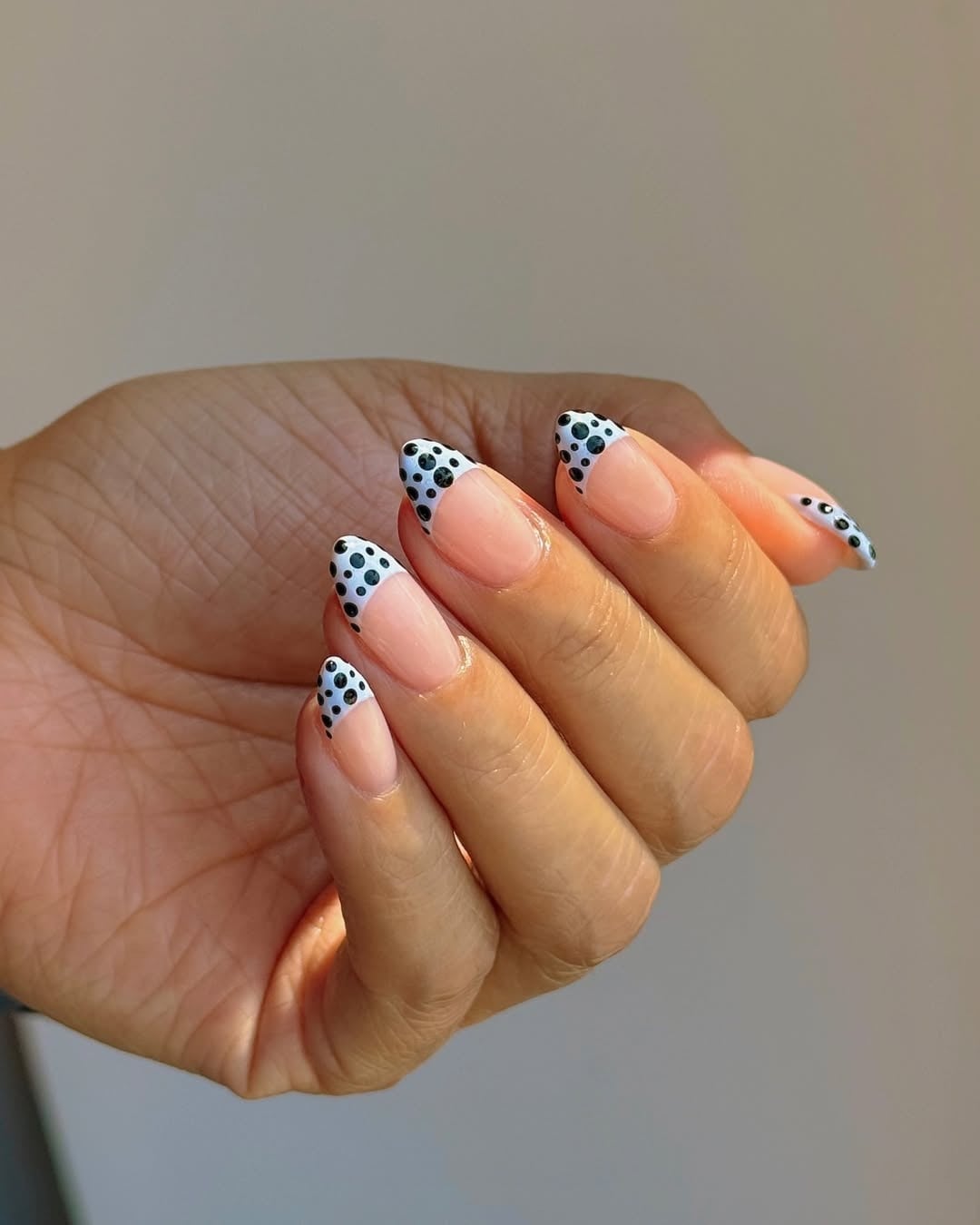 Medium Almond French Tips With Dots, Glossy Medium Almond French Tips With Dots, Glossy — Cute Almond Nails