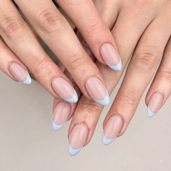 Medium Almond Light Blue French Manicure Medium Almond Light Blue French Manicure — Cute Almond Nails