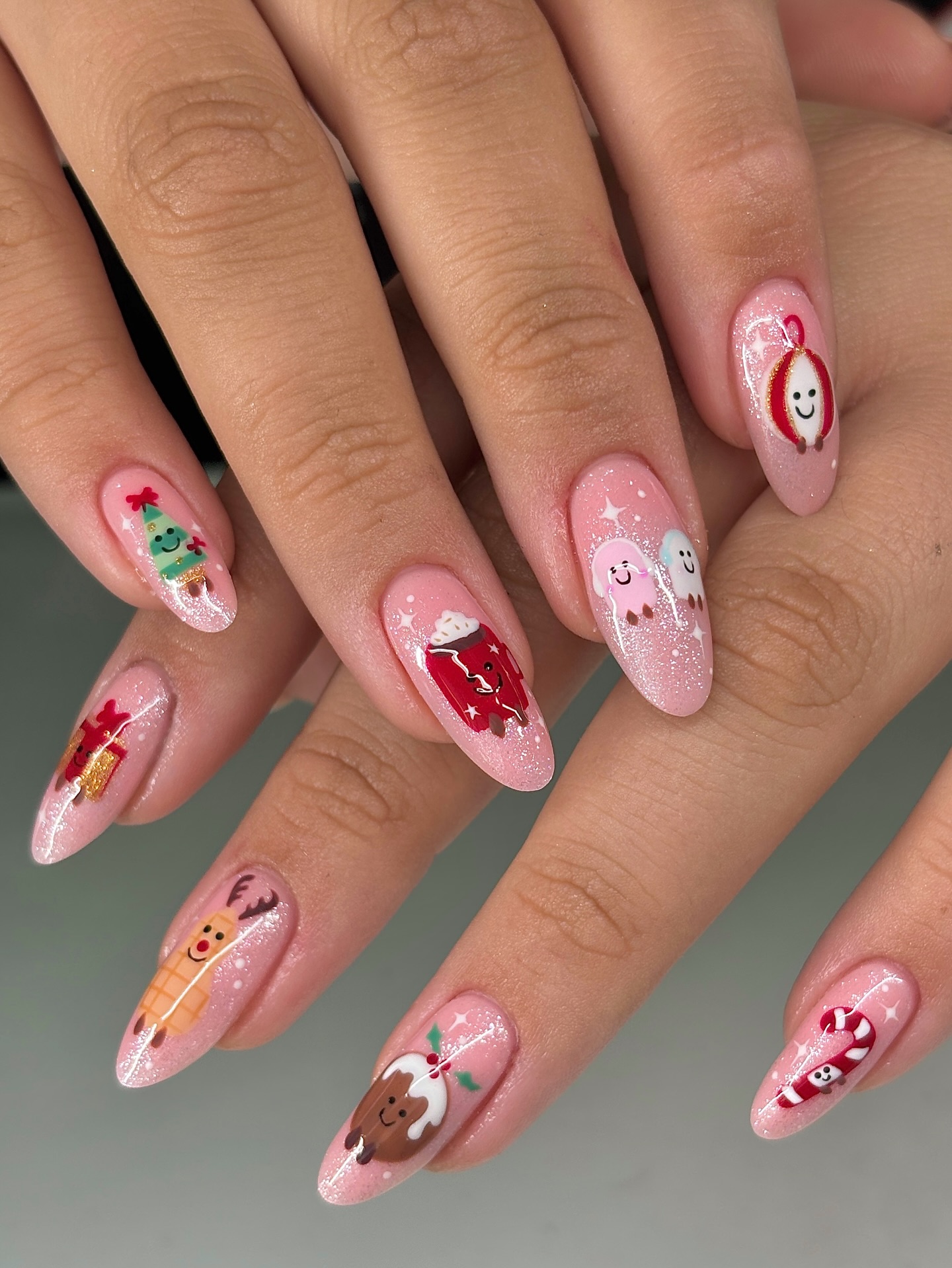 Cute Christmas Characters Glitter Almond Nails