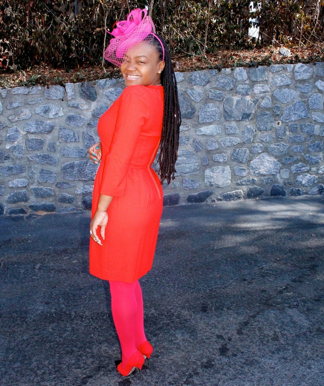 Red Fit-and-Flare Dress with Pink Fascinator Red Fit-and-Flare Dress with Pink Fascinator — Cute Church Outfit