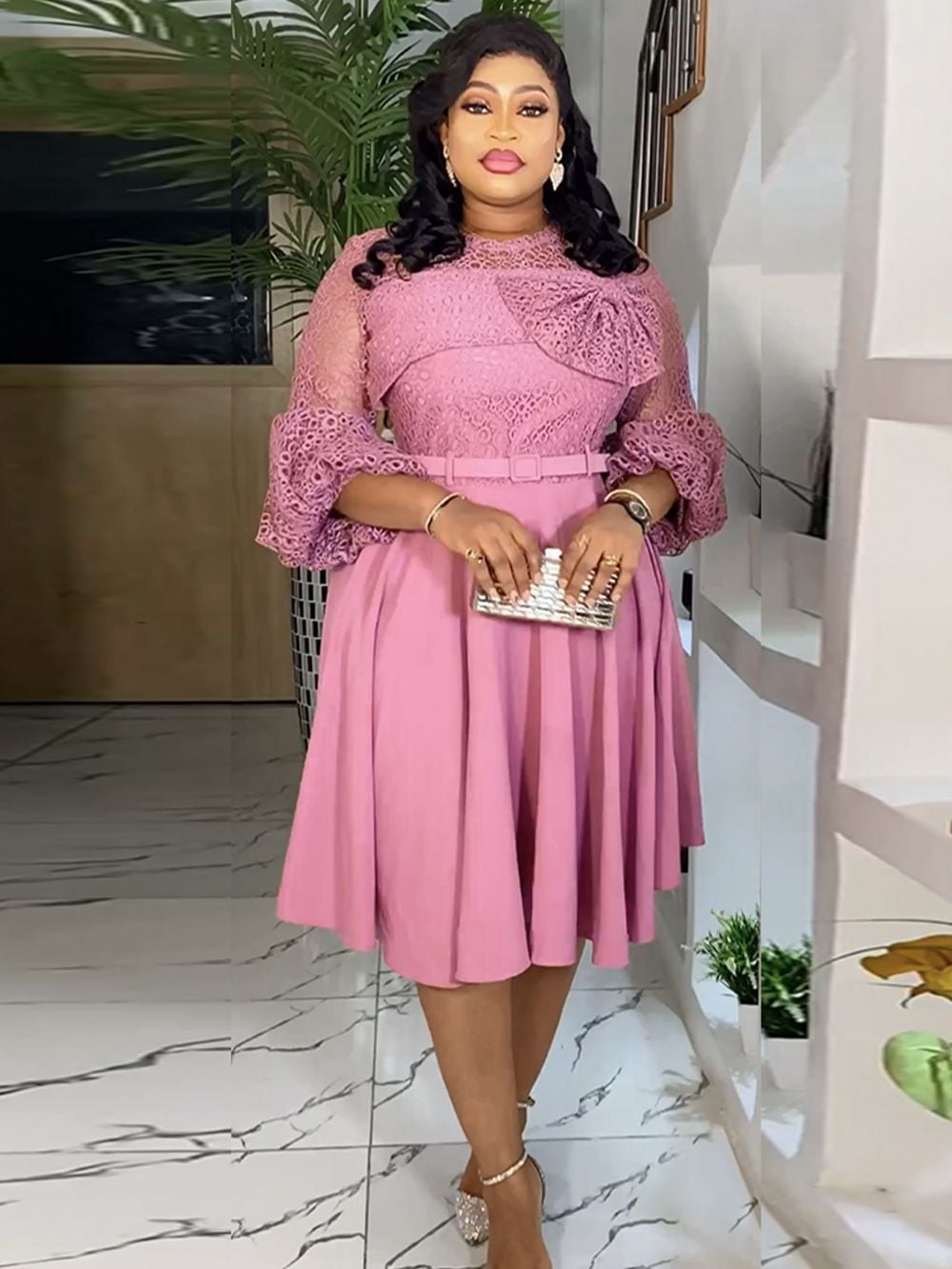 Pink Midi Dress with Lace Trim Pink Midi Dress with Lace Trim — Cute Church Outfit