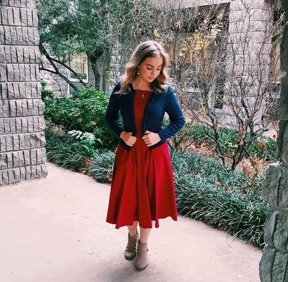 Red Midi Dress with Navy Cardigan Red Midi Dress with Navy Cardigan — Cute Church Outfit