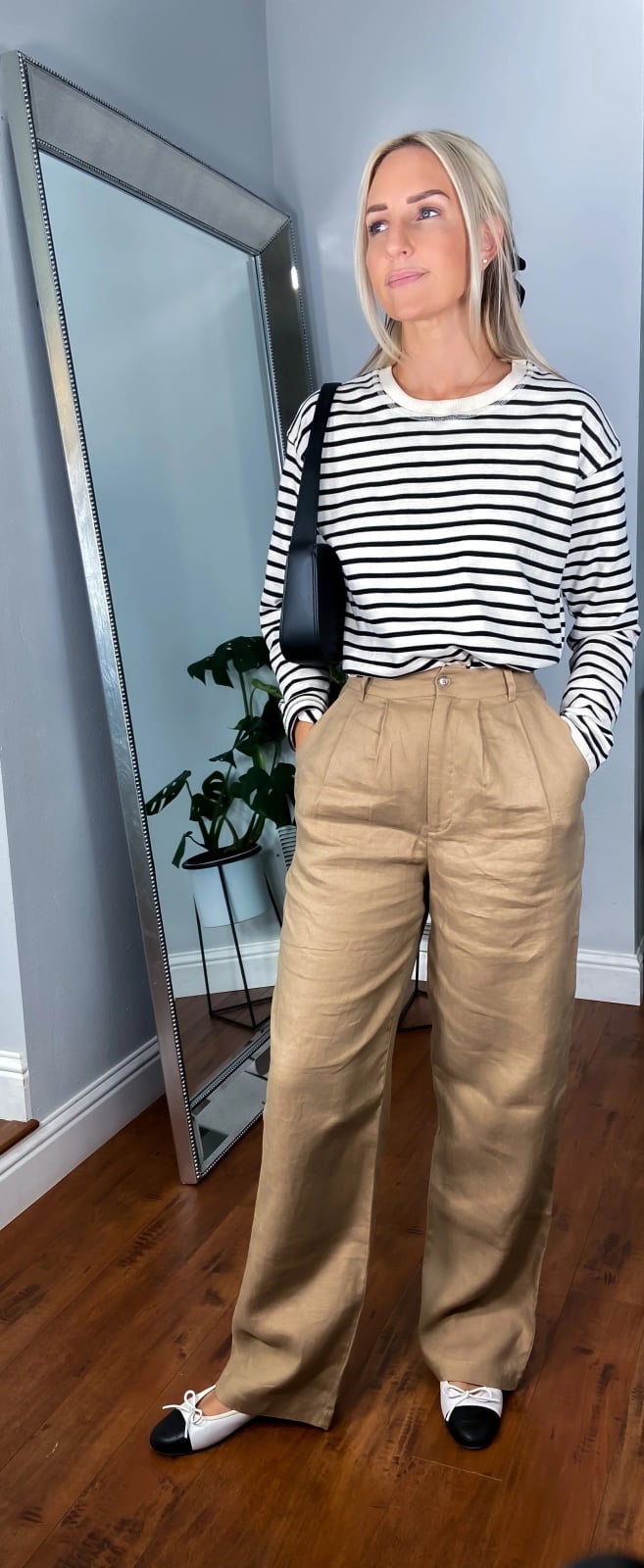 Striped Top with Beige Wide-Leg Trousers Striped Top with Beige Wide-Leg Trousers — Cute Church Outfit