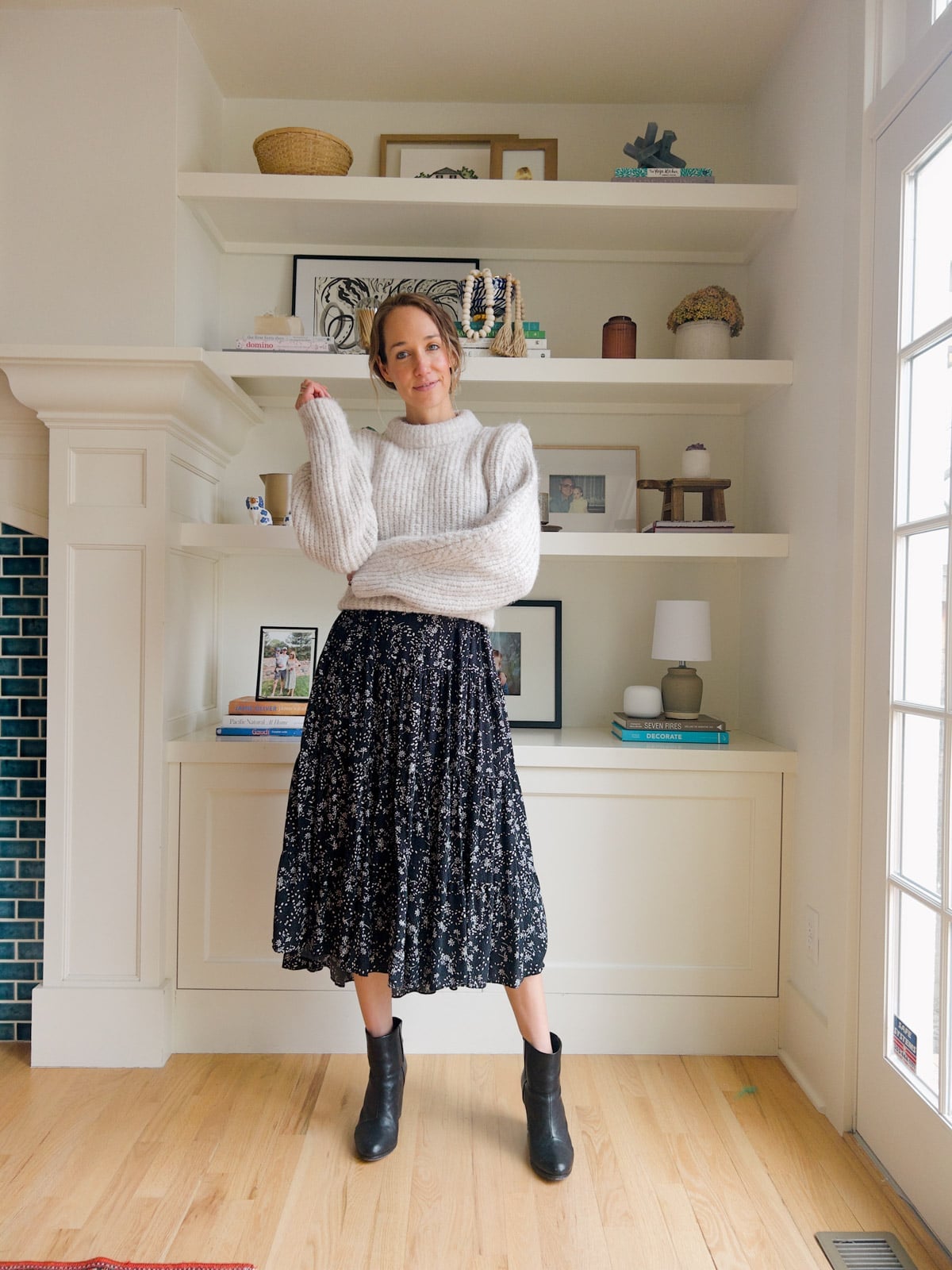 Gray Sweater over Black Floral Midi Skirt Gray Sweater over Black Floral Midi Skirt — Cute Church Outfit