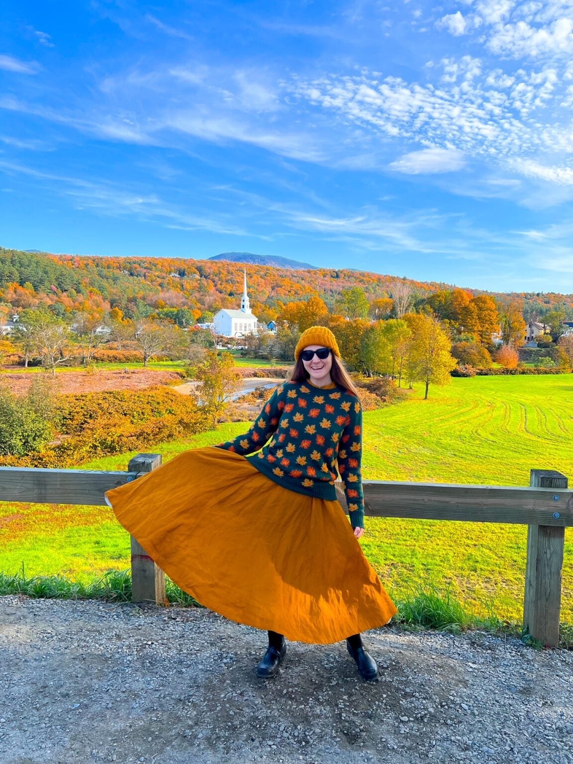 Leaf Pattern Sweater with Orange Linen Skirt Leaf Pattern Sweater with Orange Linen Skirt — Cute Church Outfit