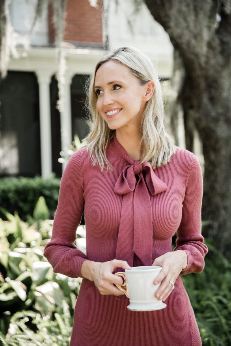 Pink Ribbed Knit Dress with Bow Neck Pink Ribbed Knit Dress with Bow Neck — Cute Church Outfit
