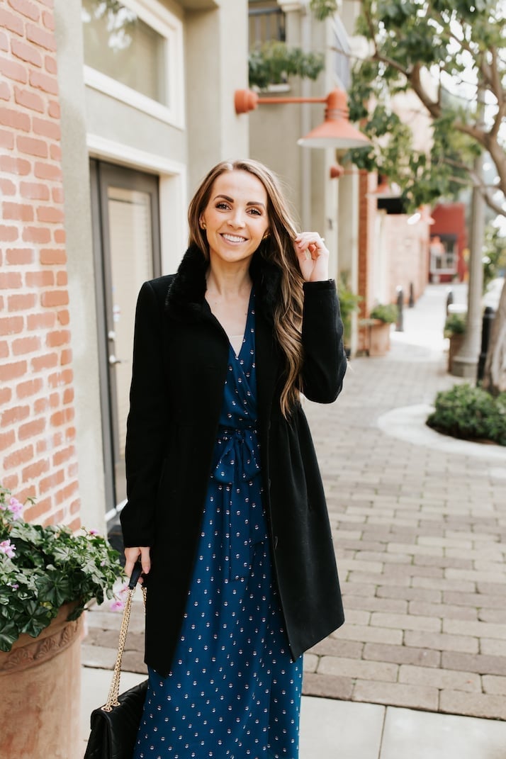 Blue Patterned Dress with Fur Collar Coat Blue Patterned Dress with Fur Collar Coat — Cute Church Outfit