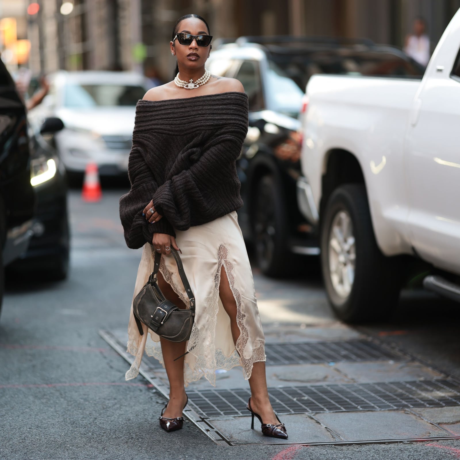 Chunky Sweater over Cream Slip Dress Chunky Sweater over Cream Slip Dress — Cute Church Outfit
