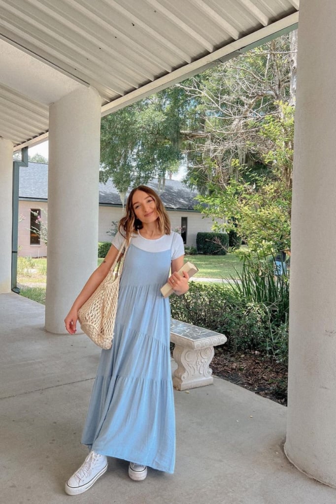 Blue Tiered Midi Dress over T-Shirt Blue Tiered Midi Dress over T-Shirt — Cute Church Outfit