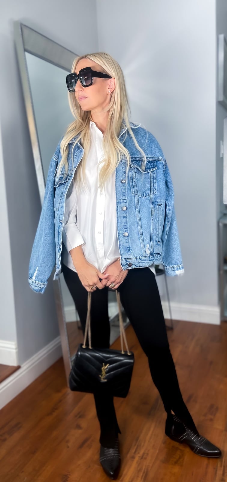 Denim Jacket over Button-Down Shirt and Pants Denim Jacket over Button-Down Shirt and Pants — Cute Church Outfit