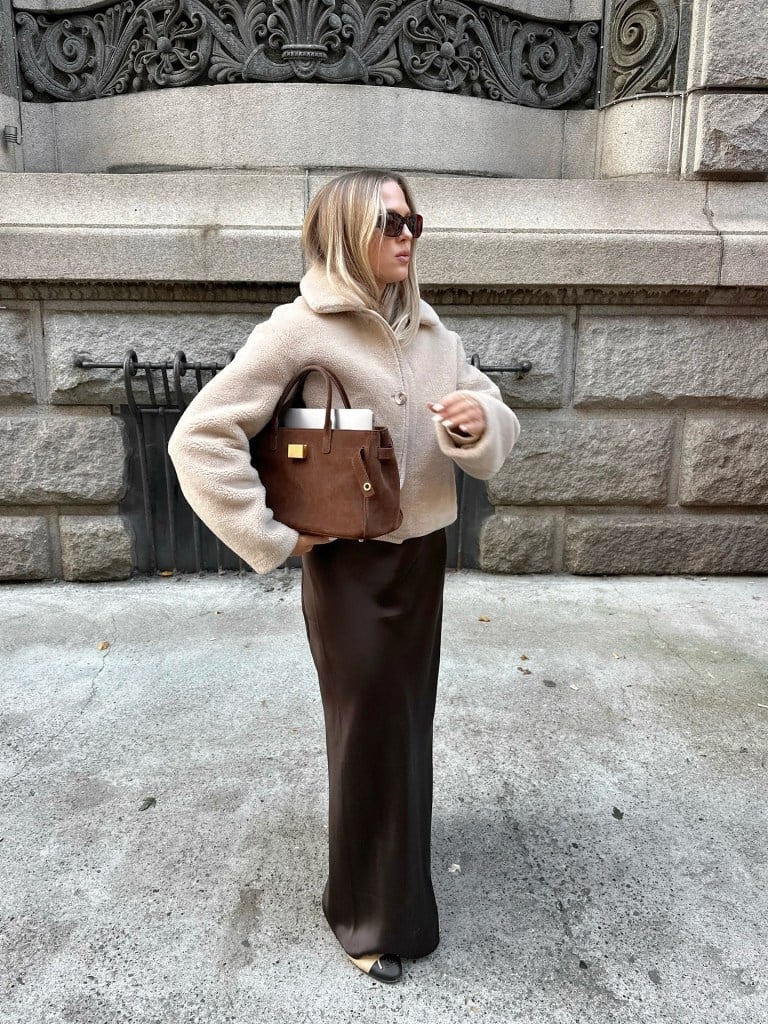 Cropped Fuzzy Jacket with Satin Skirt Cropped Fuzzy Jacket with Satin Skirt — Cute Church Outfit