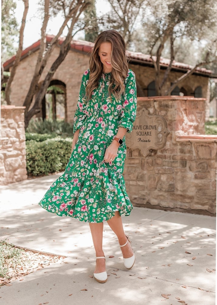 Green Floral Print Midi Dress, White Pointed-Toe Flats Green Floral Print Midi Dress, White Pointed-Toe Flats — Cute Church Outfit