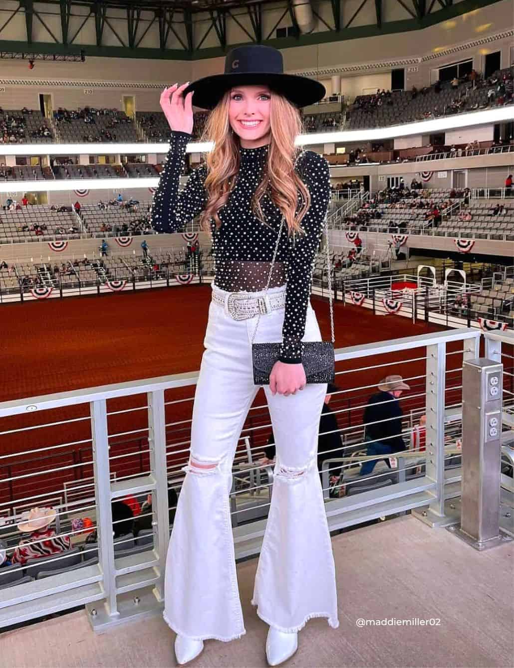 Rhinestone Mesh Top with Distressed Flare Jeans Rhinestone Mesh Top with Distressed Flare Jeans — Cute Concert Outfit