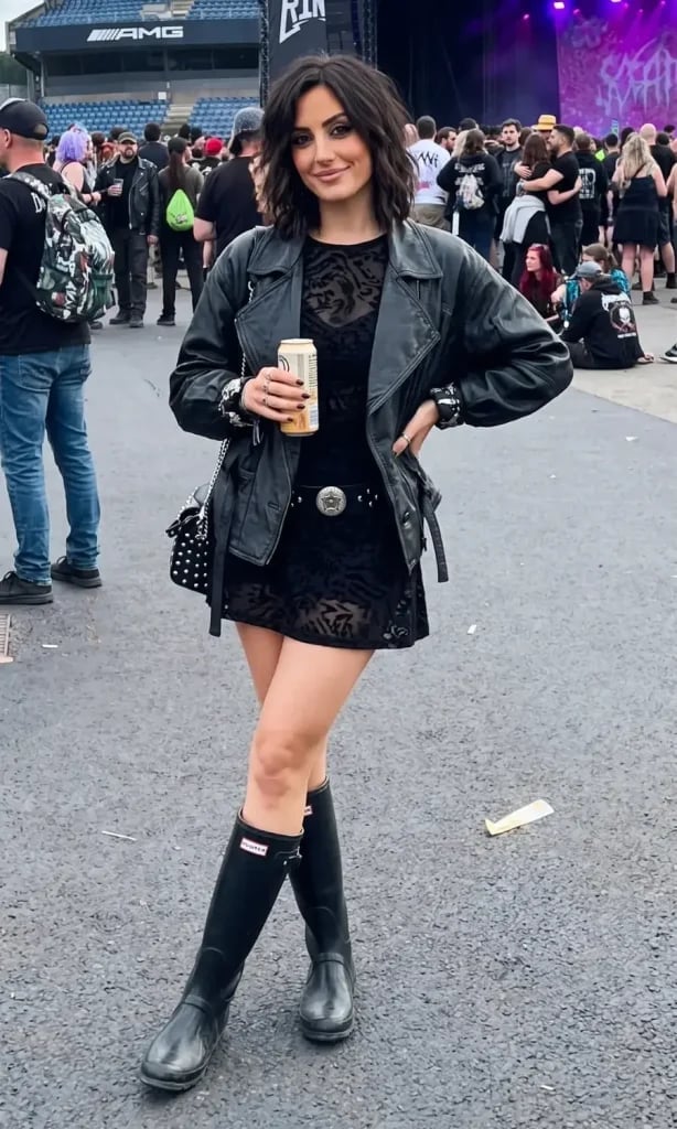 Leather Jacket over Patterned Mini Dress Leather Jacket over Patterned Mini Dress — Cute Concert Outfit