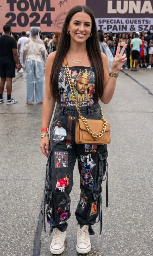 Patched Cargo Pants with Strapless Graphic Top Patched Cargo Pants with Strapless Graphic Top — Cute Concert Outfit