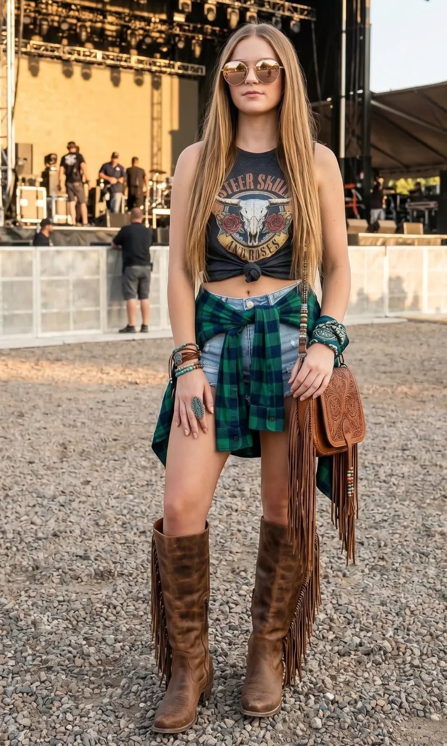 Graphic Tank Top with Flannel and Fringe Boots Graphic Tank Top with Flannel and Fringe Boots — Cute Concert Outfit
