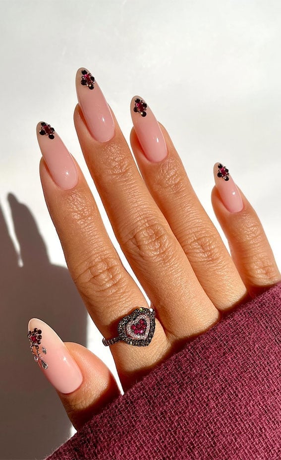 Long Almond Floral Gem Accent Nails Long Almond Floral Gem Accent Nails — Cute Nails