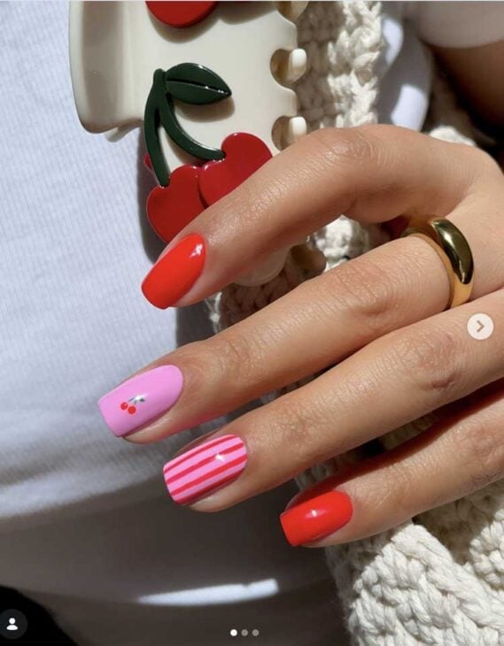 Short Square Cherry Stripe Nails Short Square Cherry Stripe Nails — Cute Nails